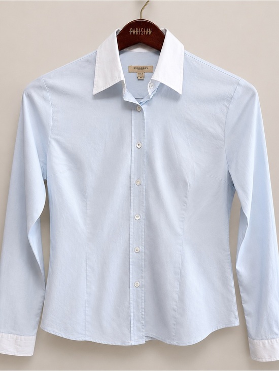 Burberry Tops - Burberry London Light Blue Stretch Button Tailored Shirt White Collar Women’s M
